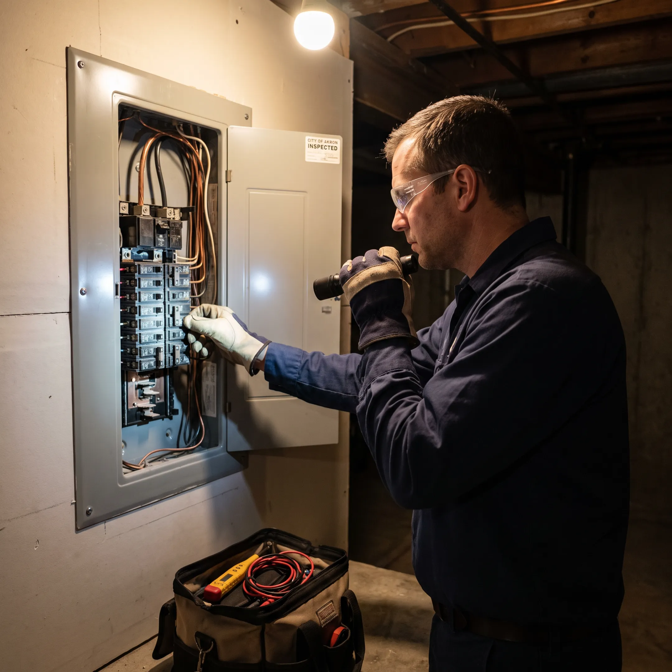 Electrician inspecting a residential electrical panel