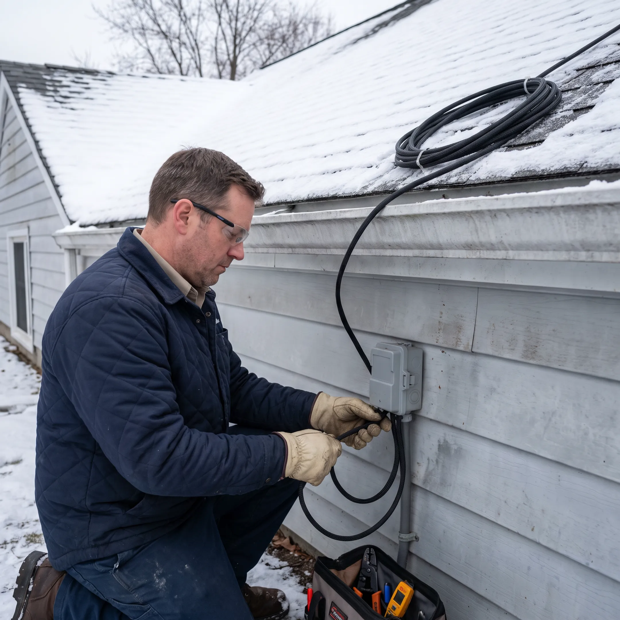 Electrician connecting a roof de-icing cable system
