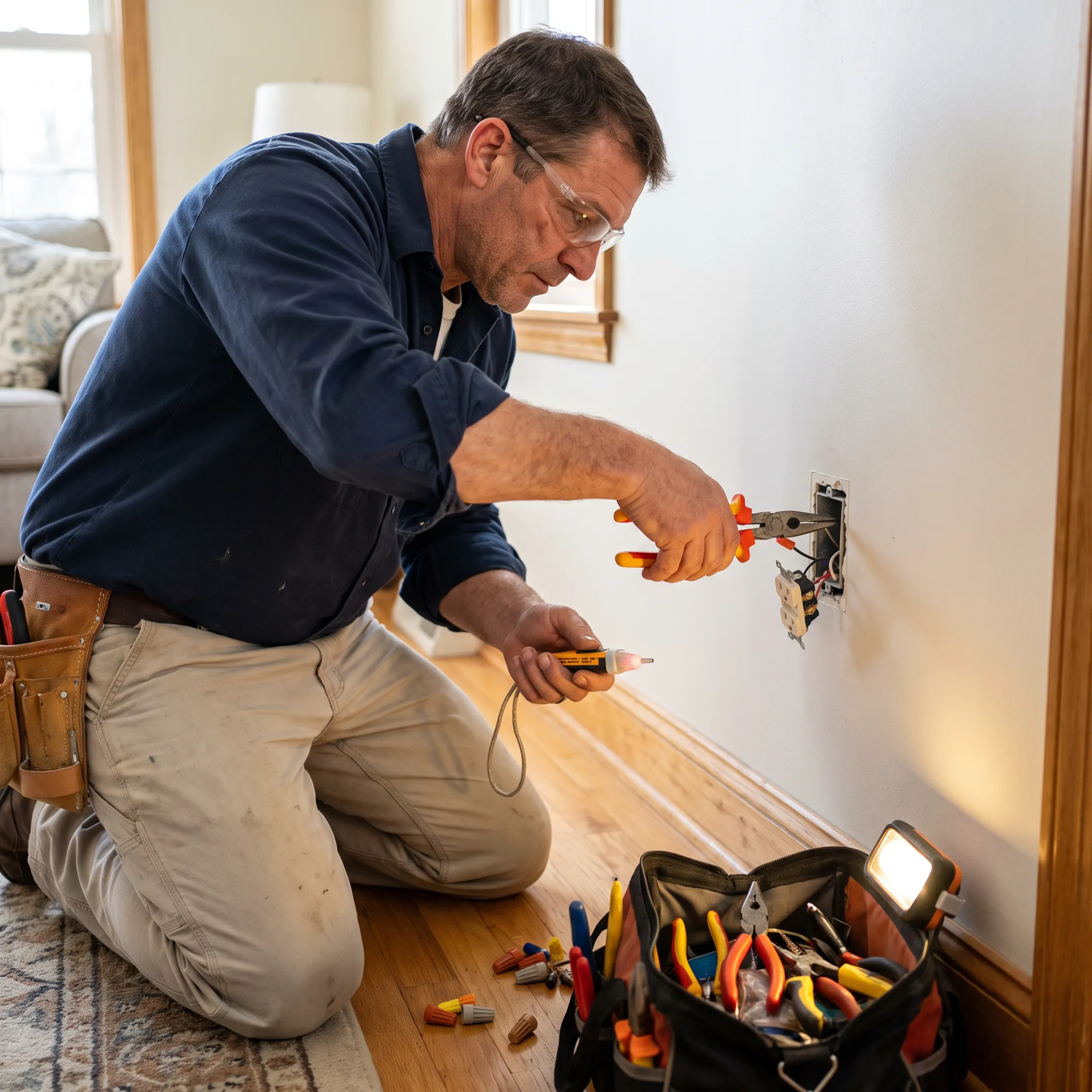 Electrician repairing a residential wall outlet