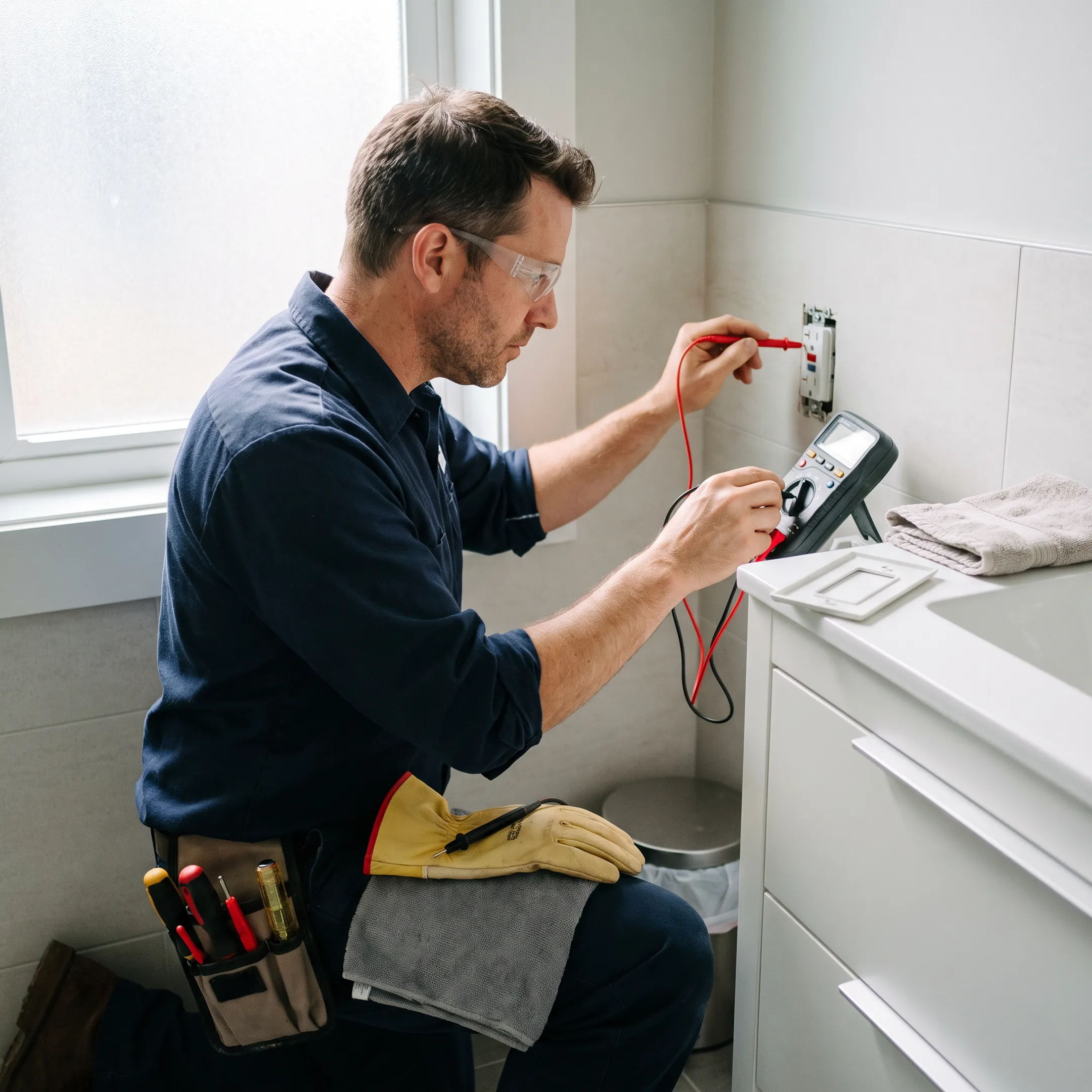 Plumber inspecting bathroom plumbing fixtures