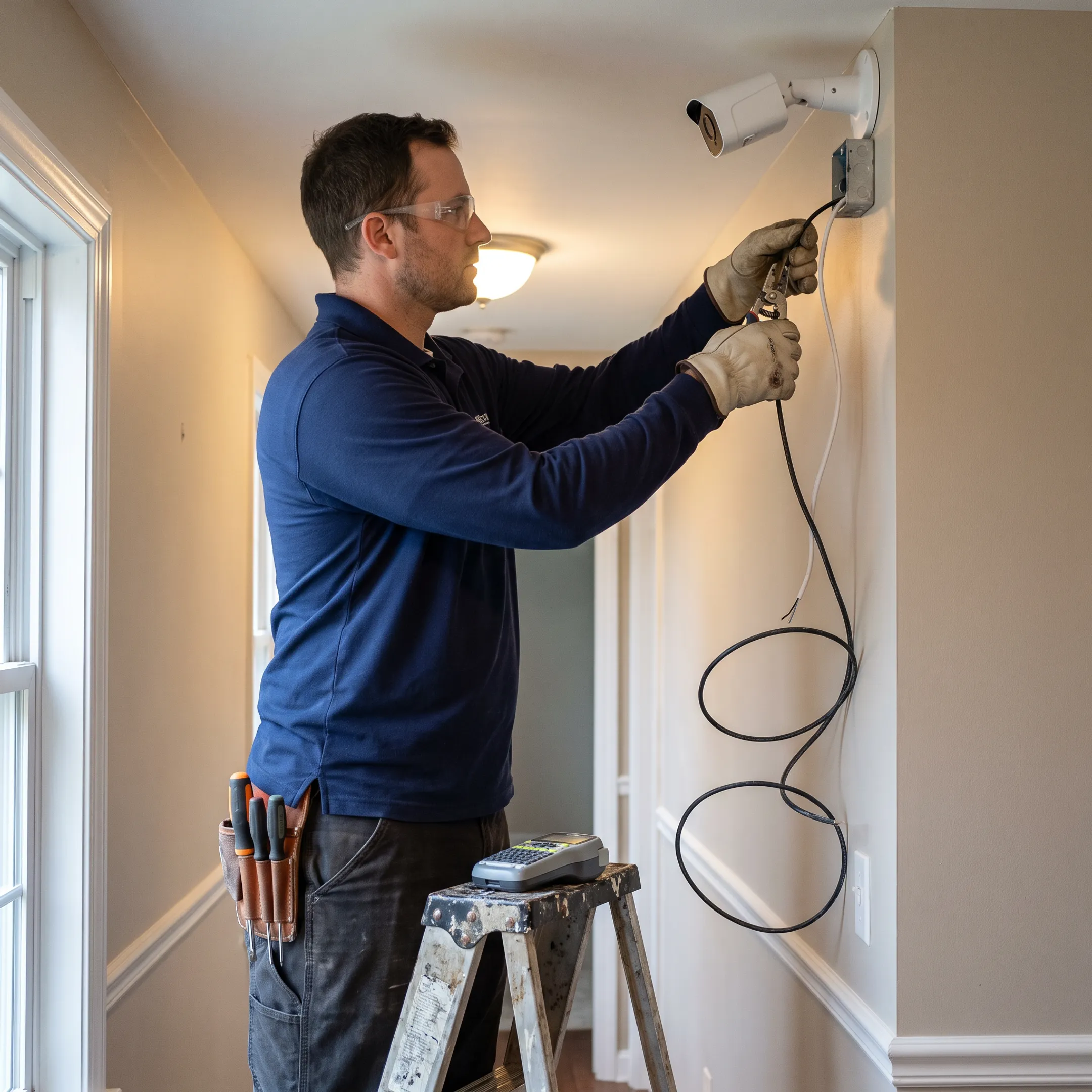 Electrician wiring a CCTV camera system