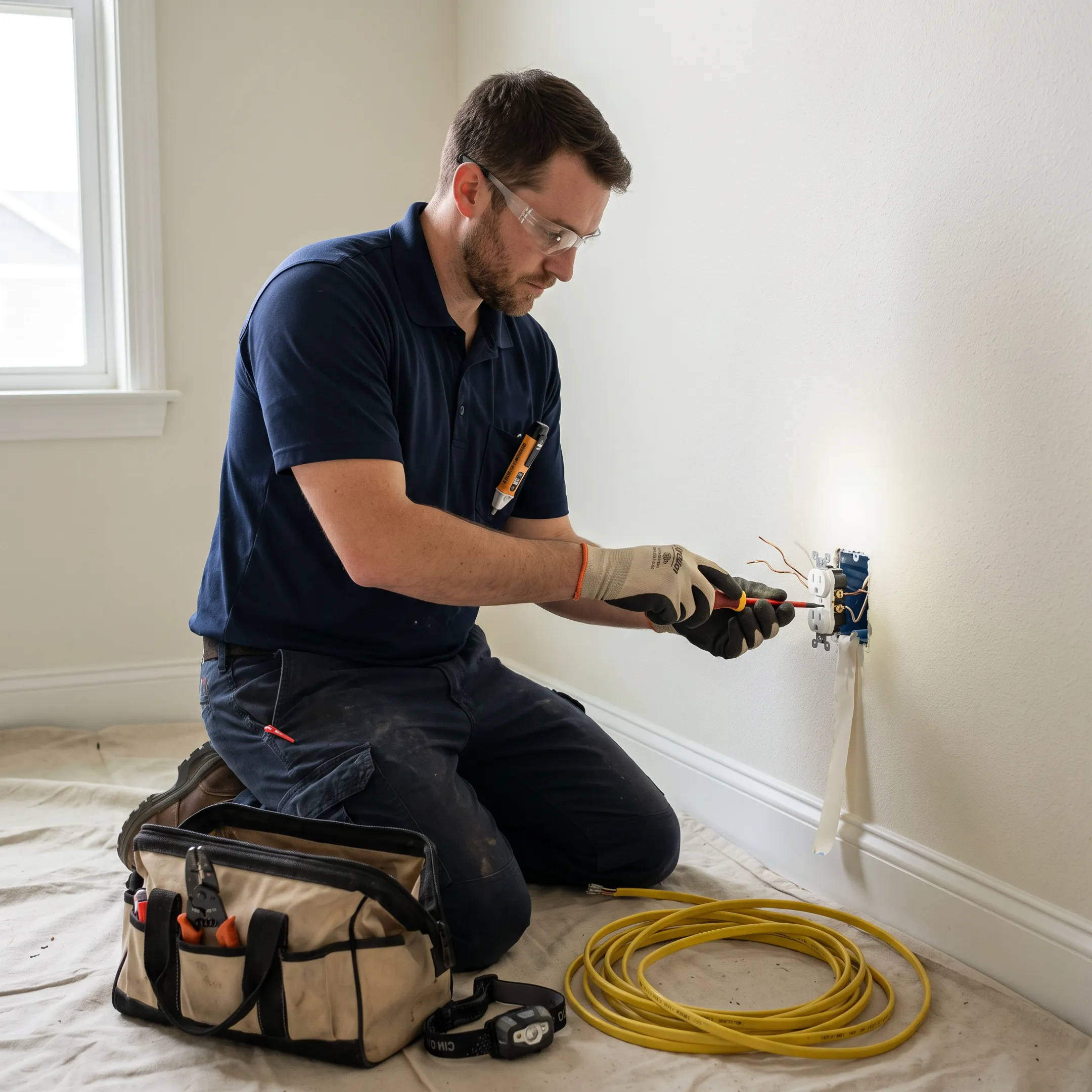 Electrician installing a modern wall outlet