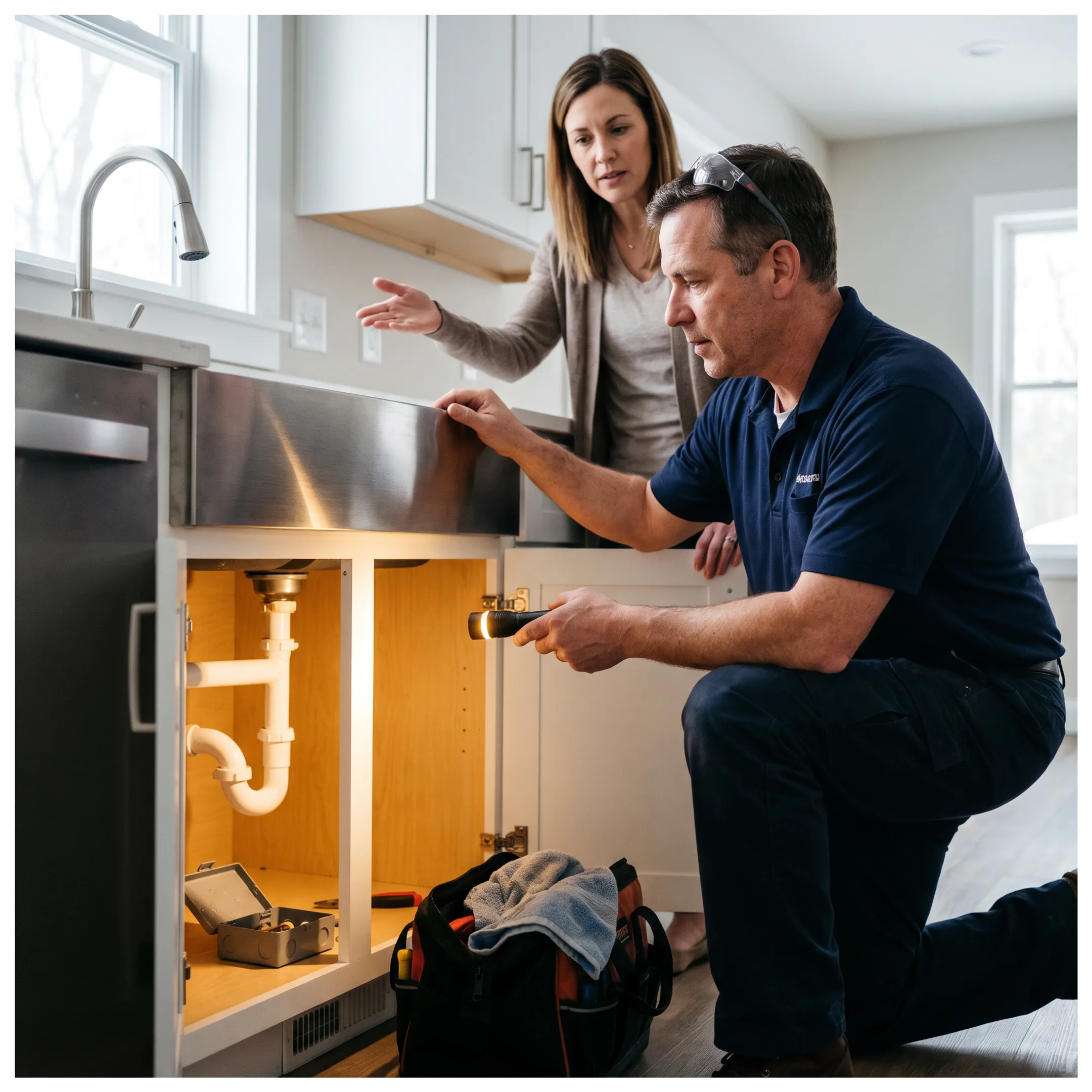 Technician reviewing plumbing under a sink