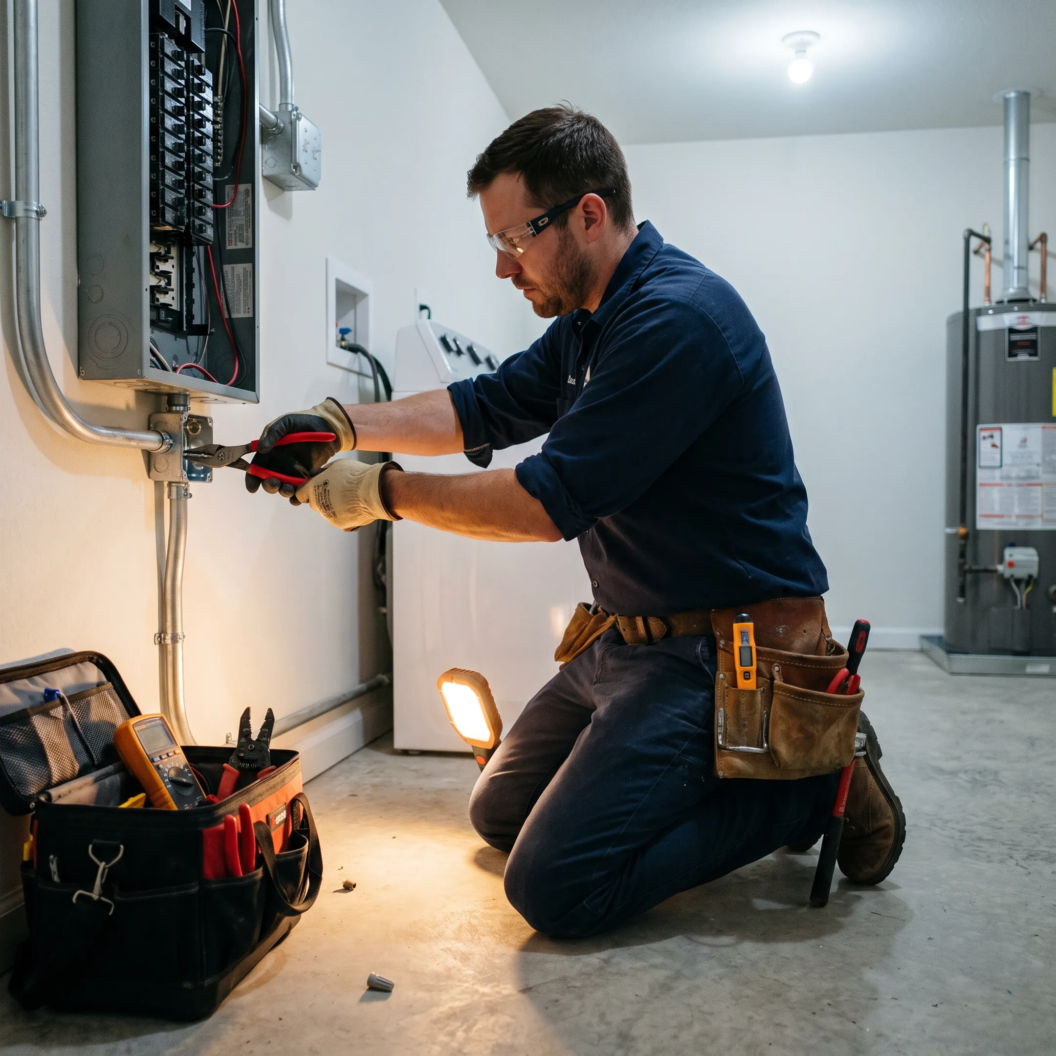 Technician repairing a leaking plumbing connection