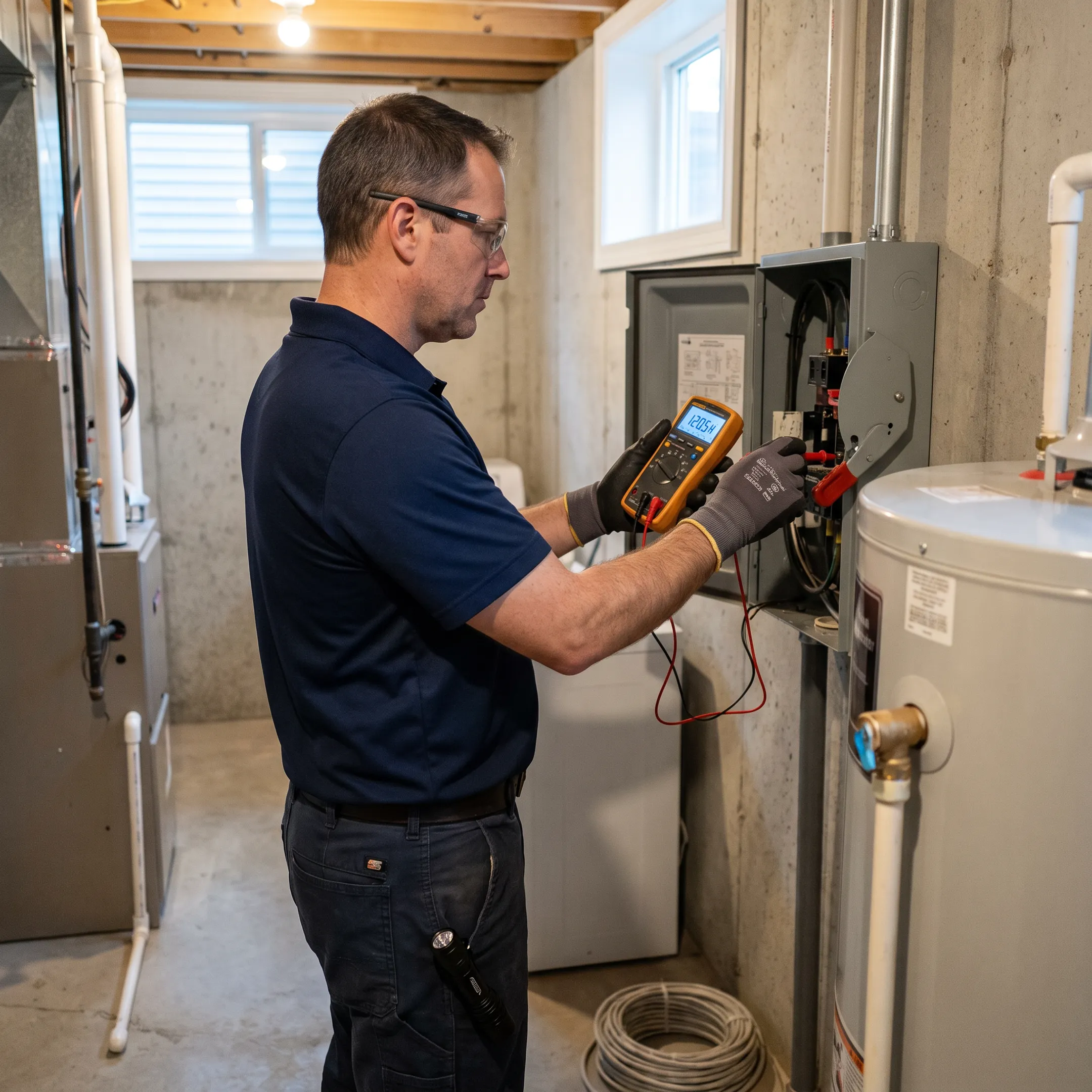 Electrician checking electric water heater circuit