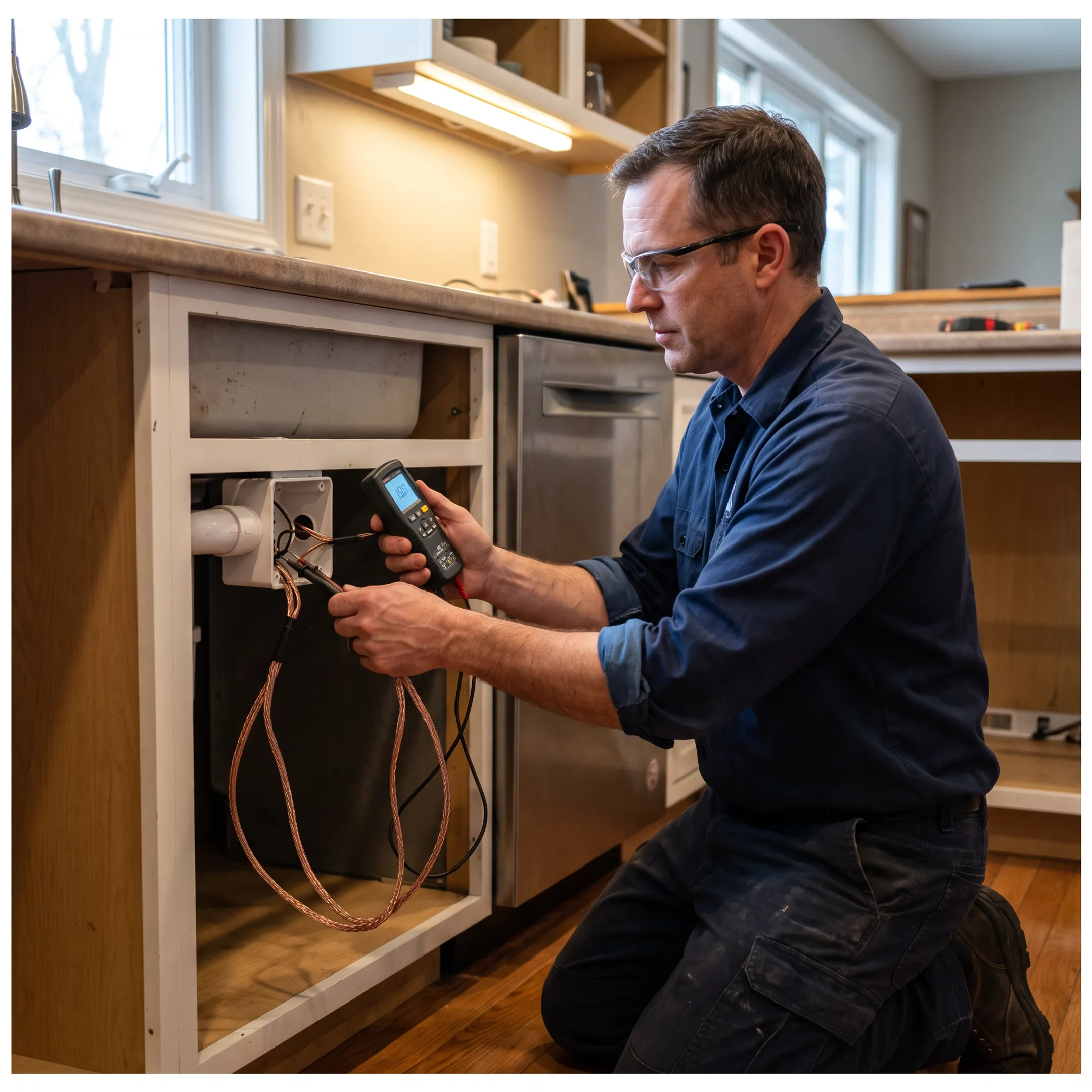 Electrician checking kitchen appliance wiring