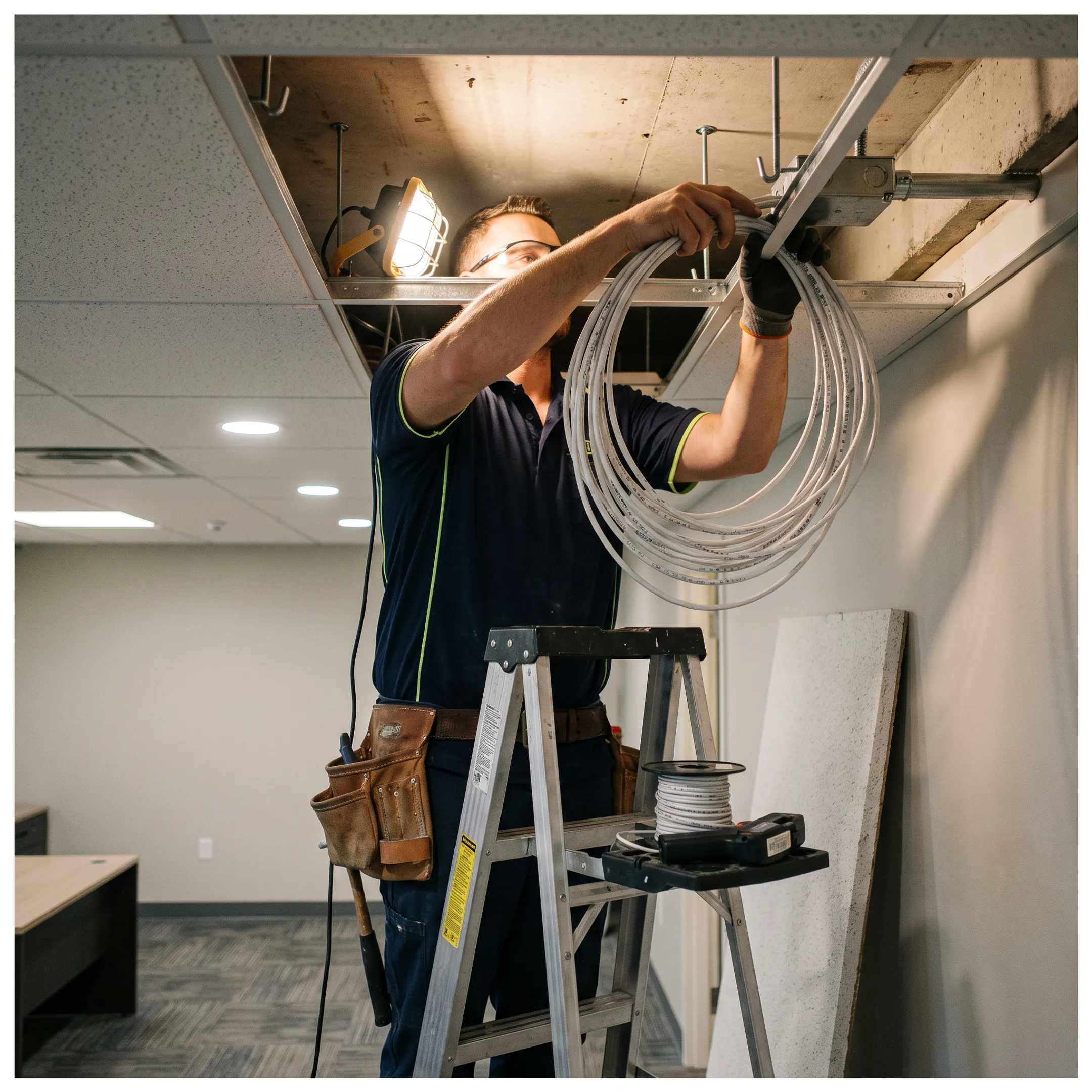 Electrician wiring a commercial surveillance system