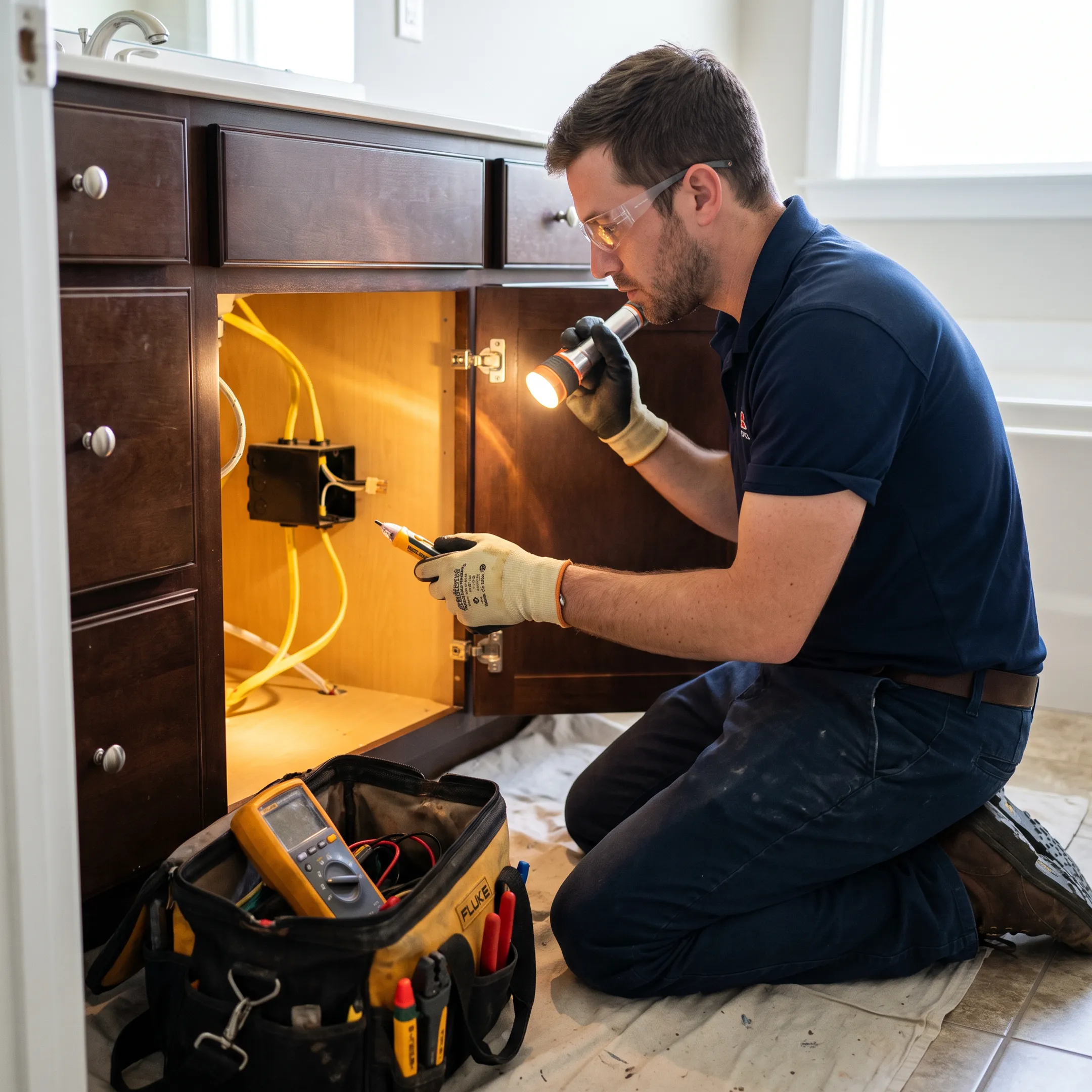 Technician inspecting a bathroom sink plumbing connection