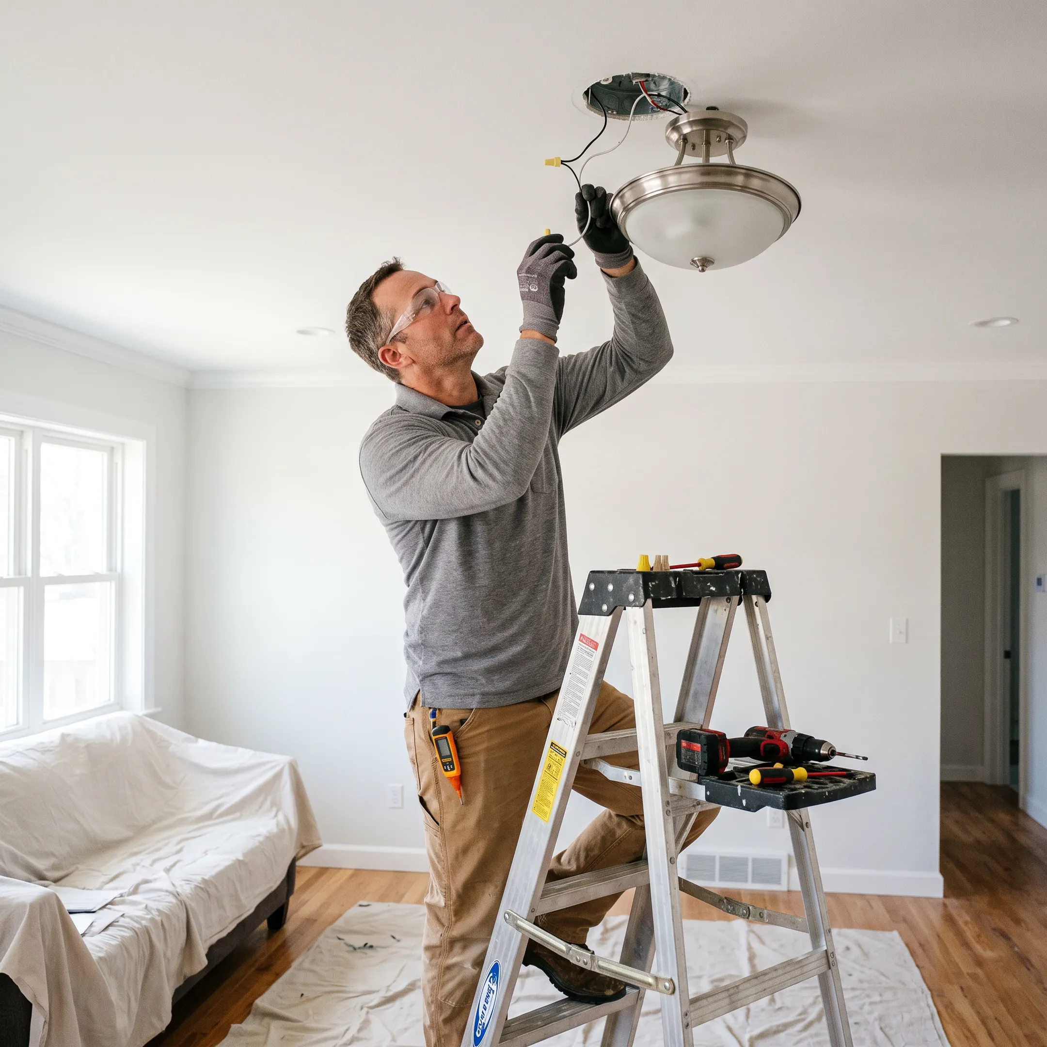Electrician installing a new residential light fixture