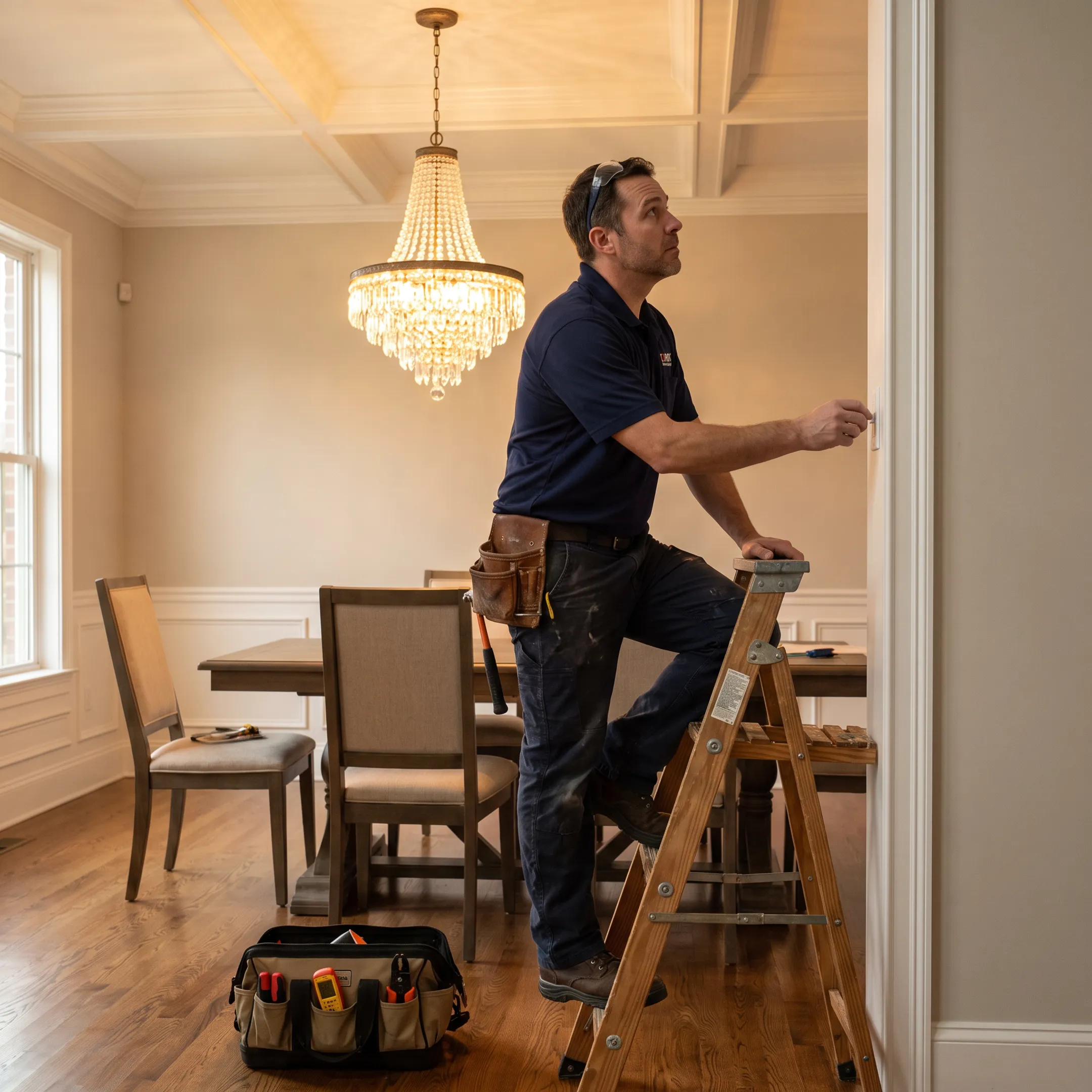 Electrician testing a newly installed chandelier