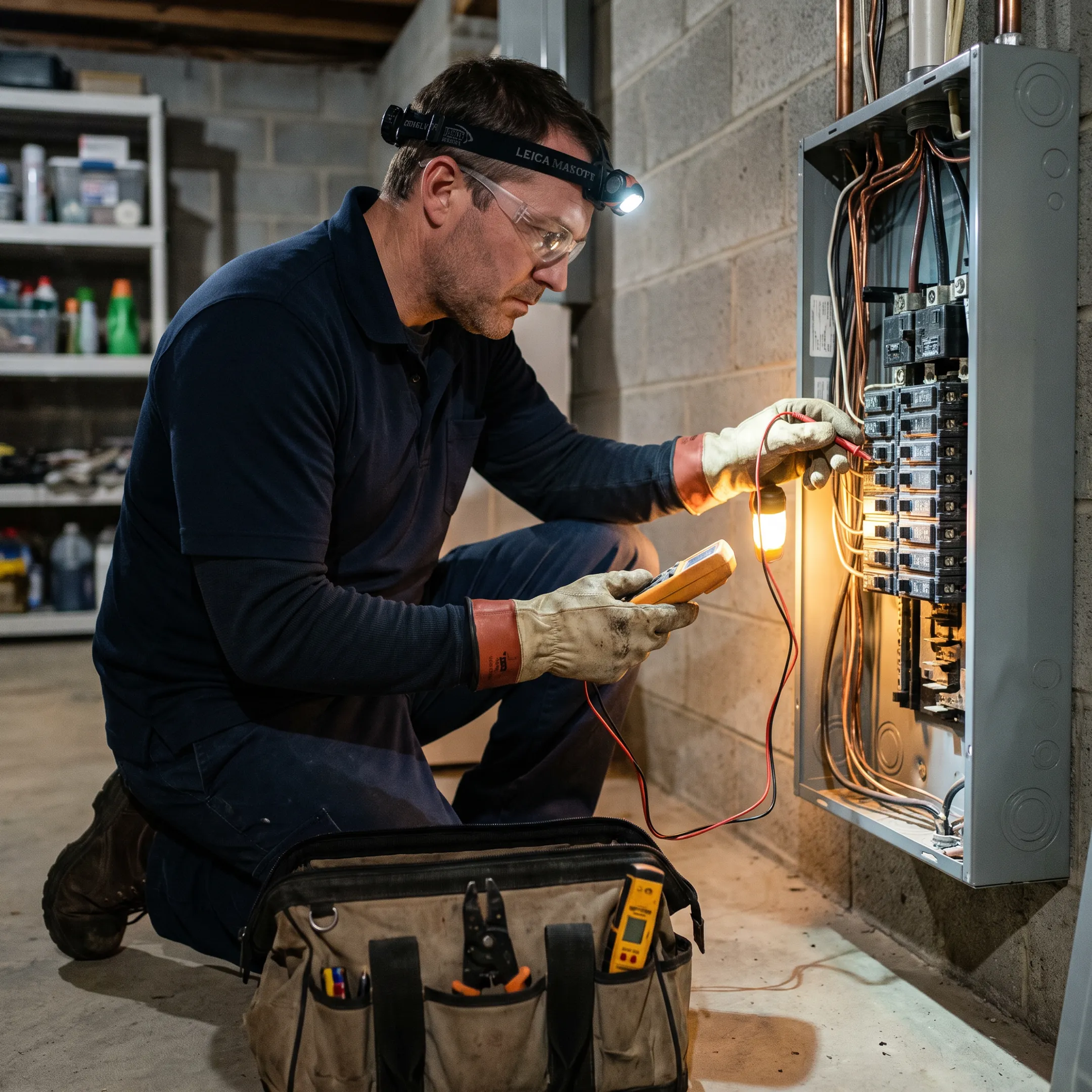 Electrician repairing wiring during an emergency visit