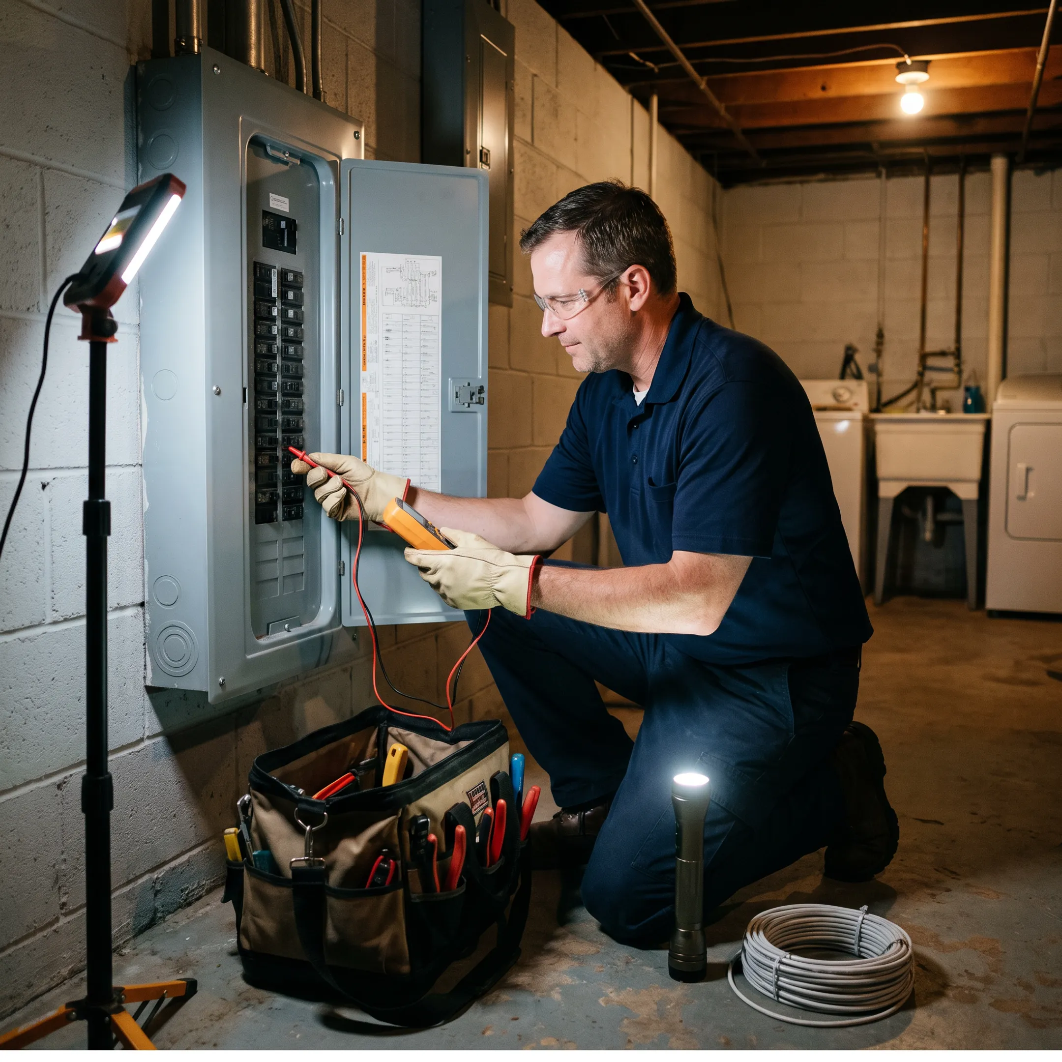 Licensed electrician diagnosing an urgent home electrical problem