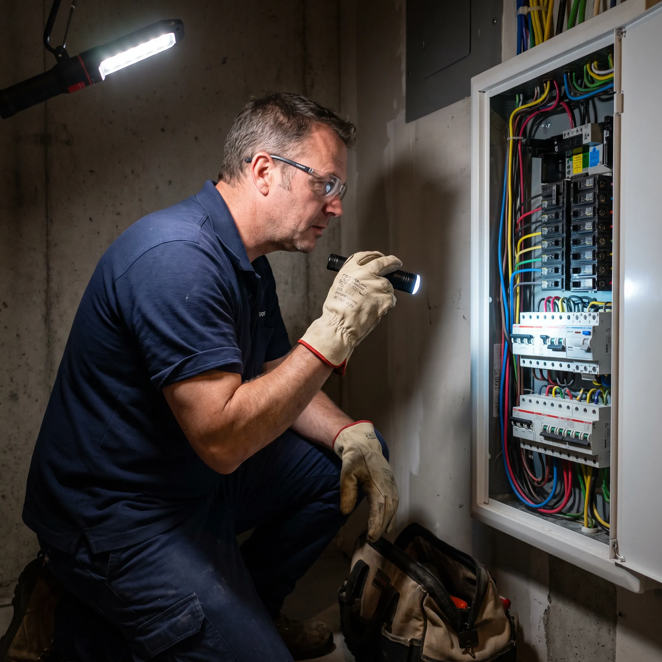 Electrician inspecting upgraded home electrical panel