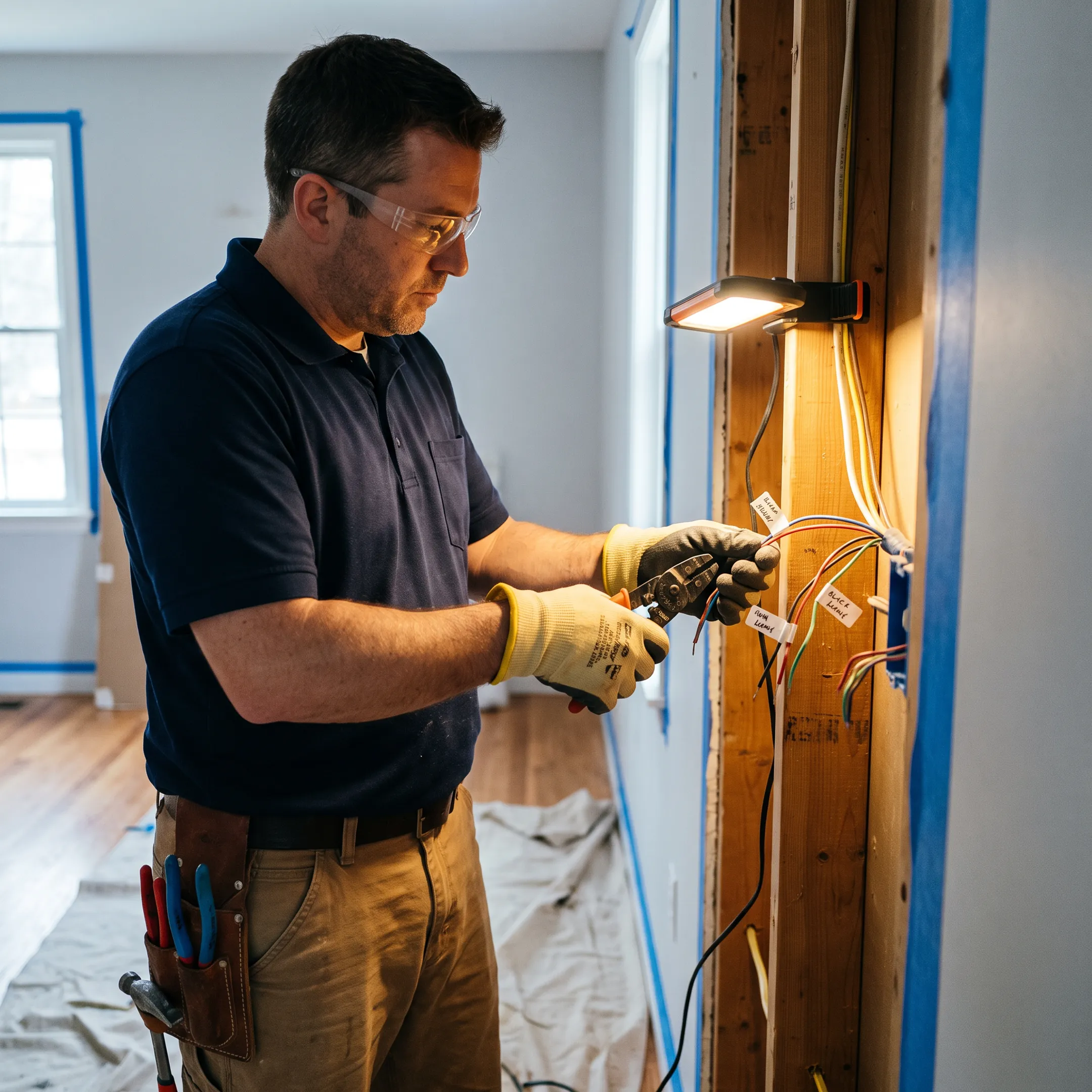 Electrician connecting wiring during a home electrical upgrade