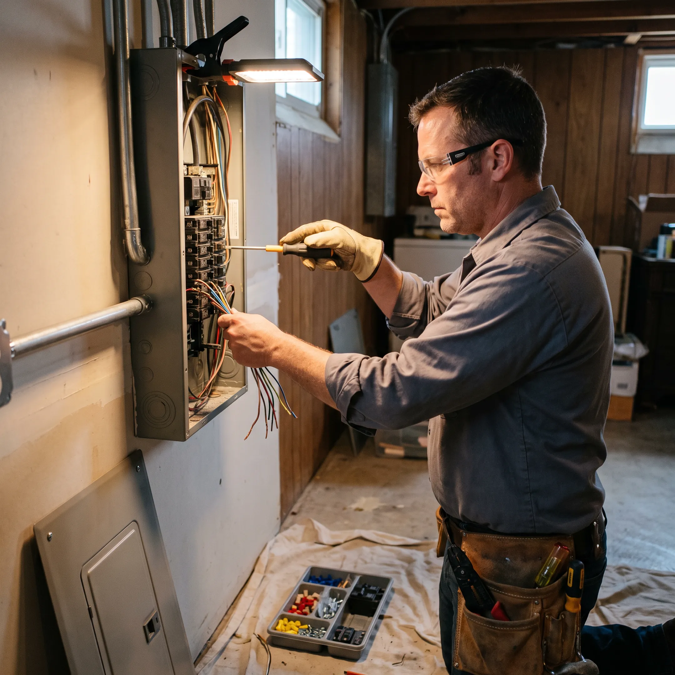 Electrician installing wiring during a residential electrical upgrade