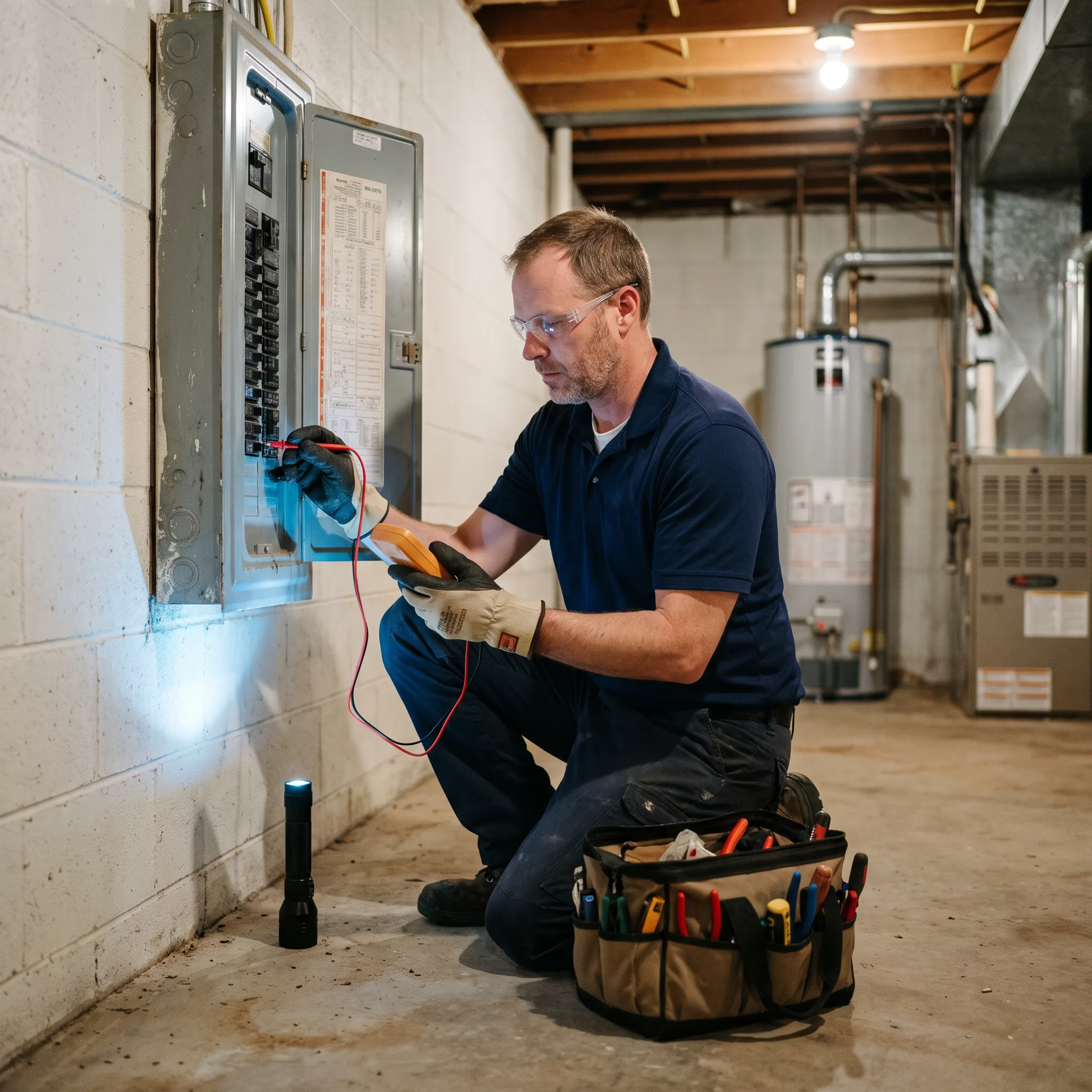 Electrician inspecting an emergency electrical repair