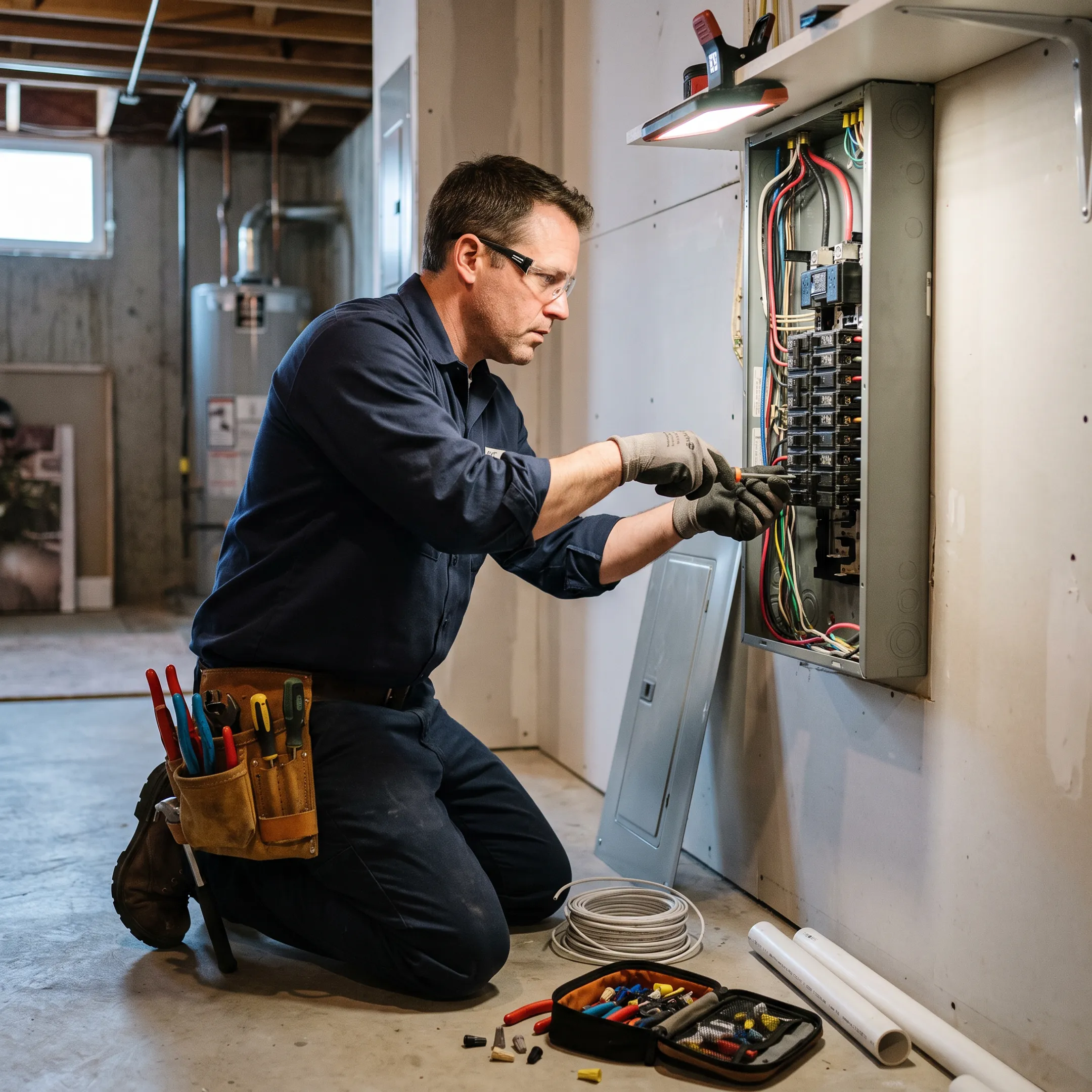 Electrician installing wiring in a residential property