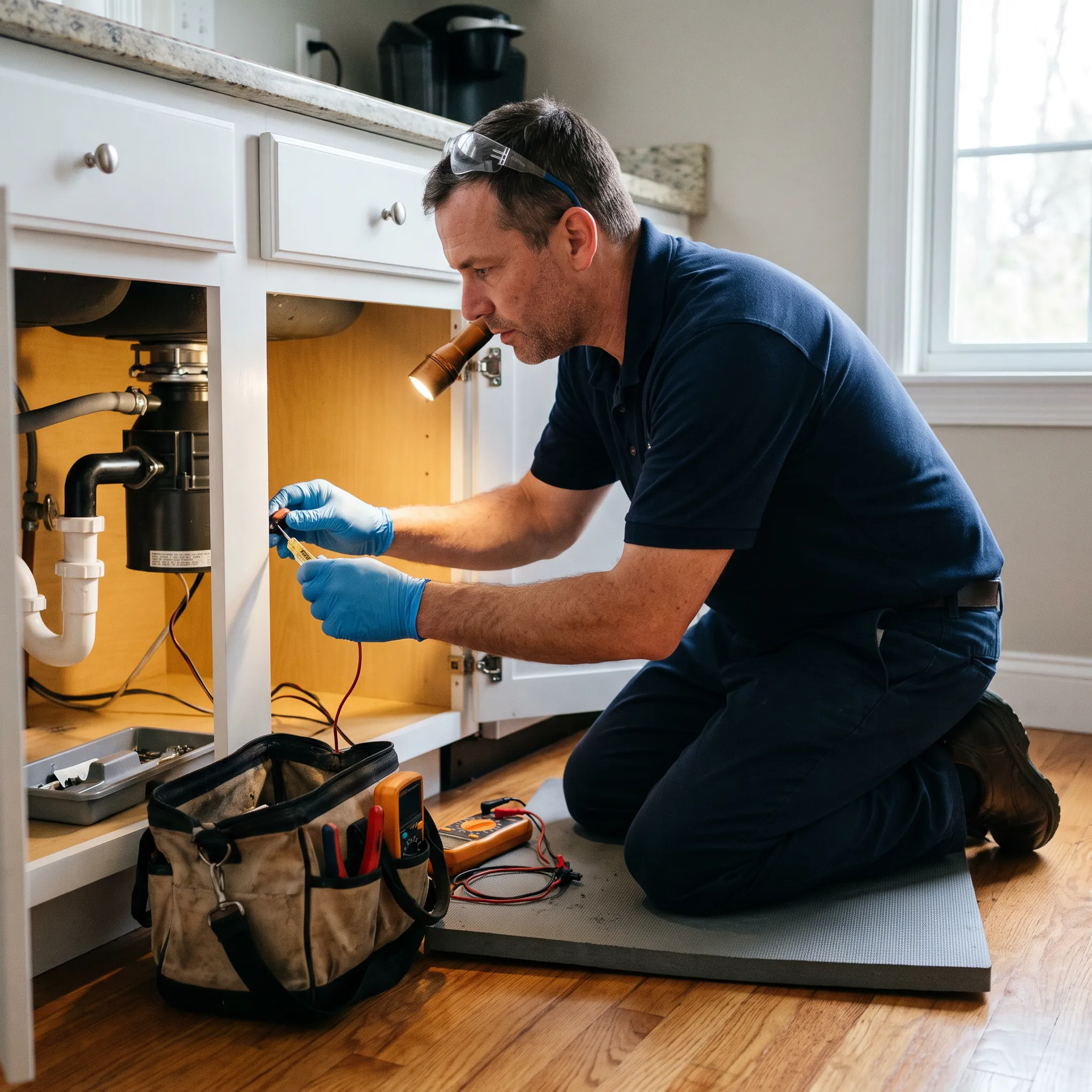 Technician checking household plumbing connection