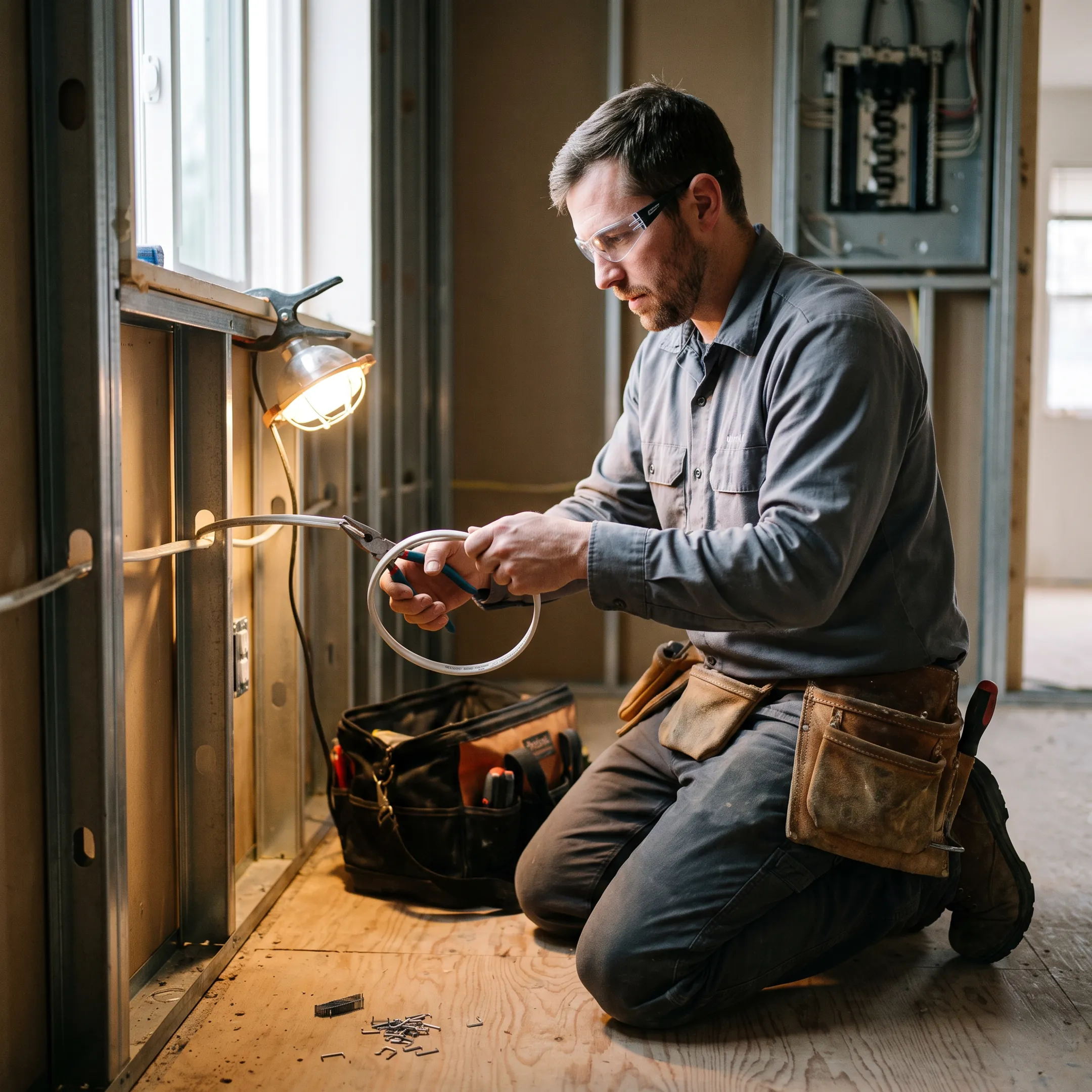 Electrician installing wiring in an Elyria home