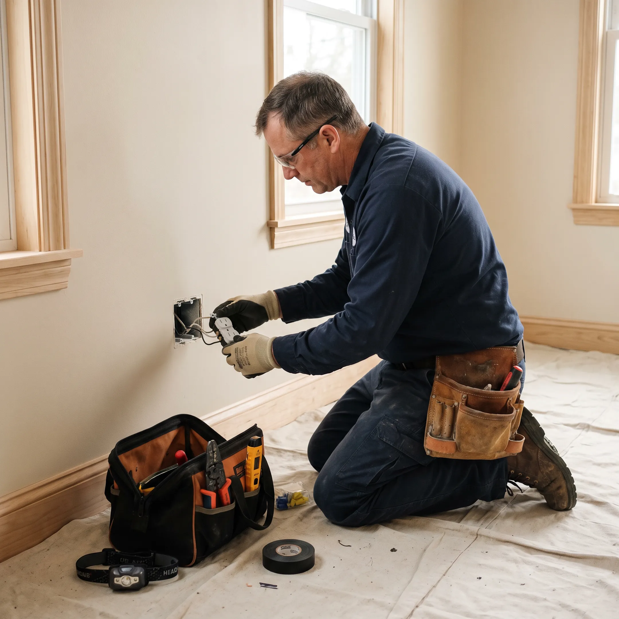 Electrician installing wiring and electrical equipment in a Cleveland Heights home