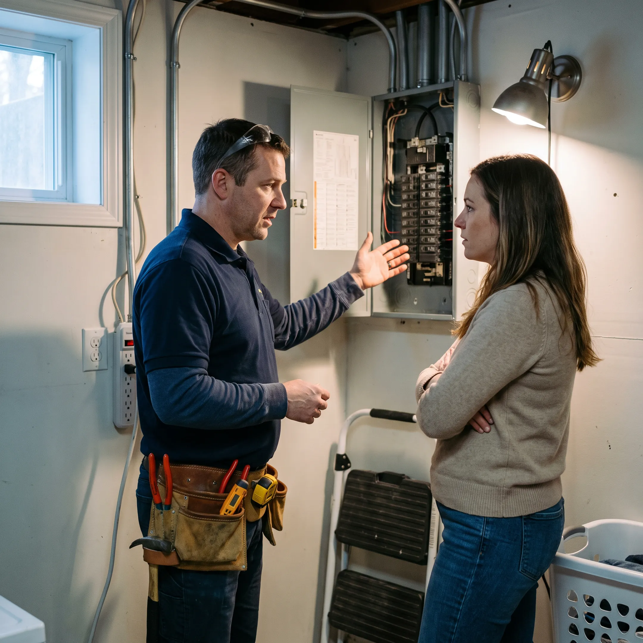 Electrician reviewing completed residential wiring installation