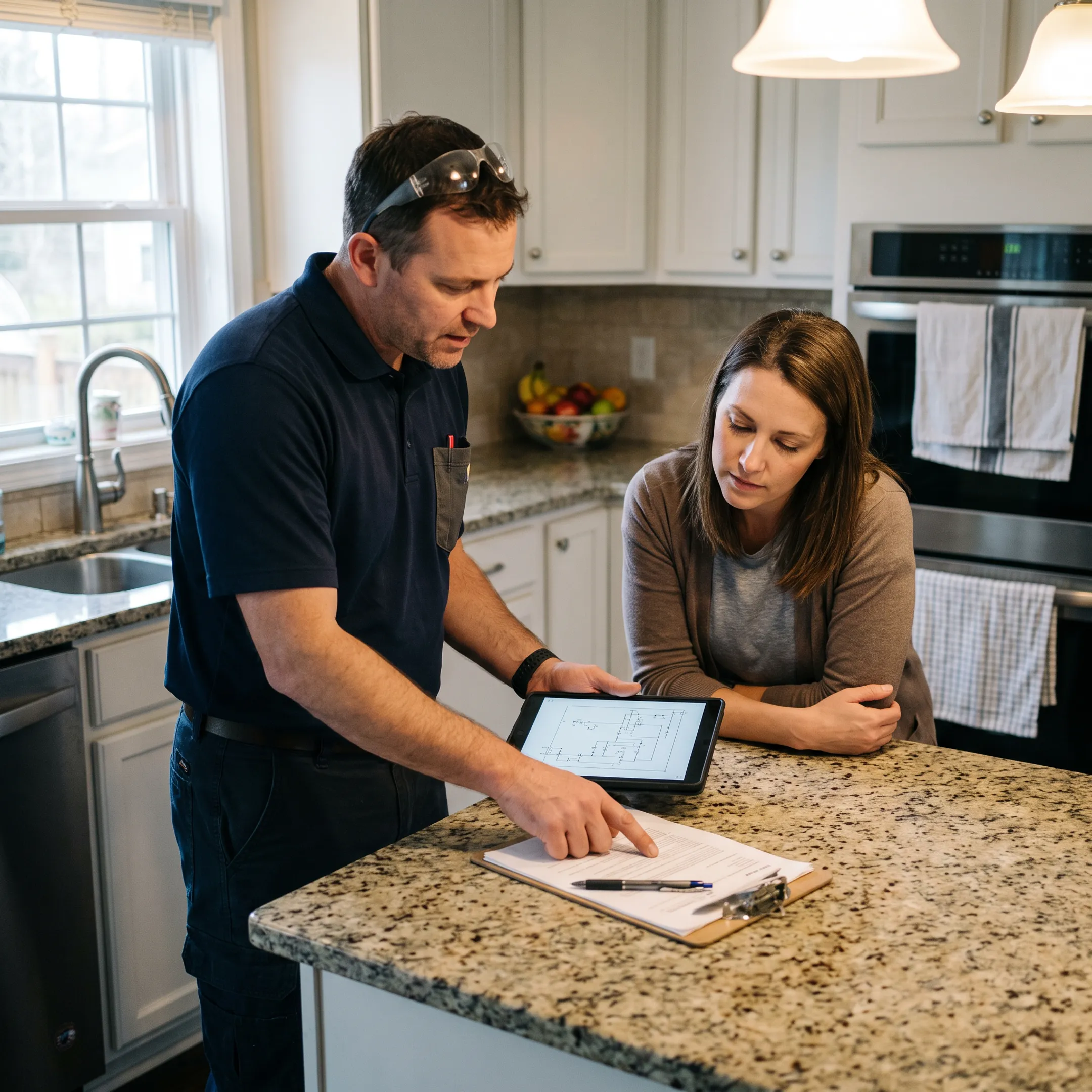 Technician reviewing home service details with customer