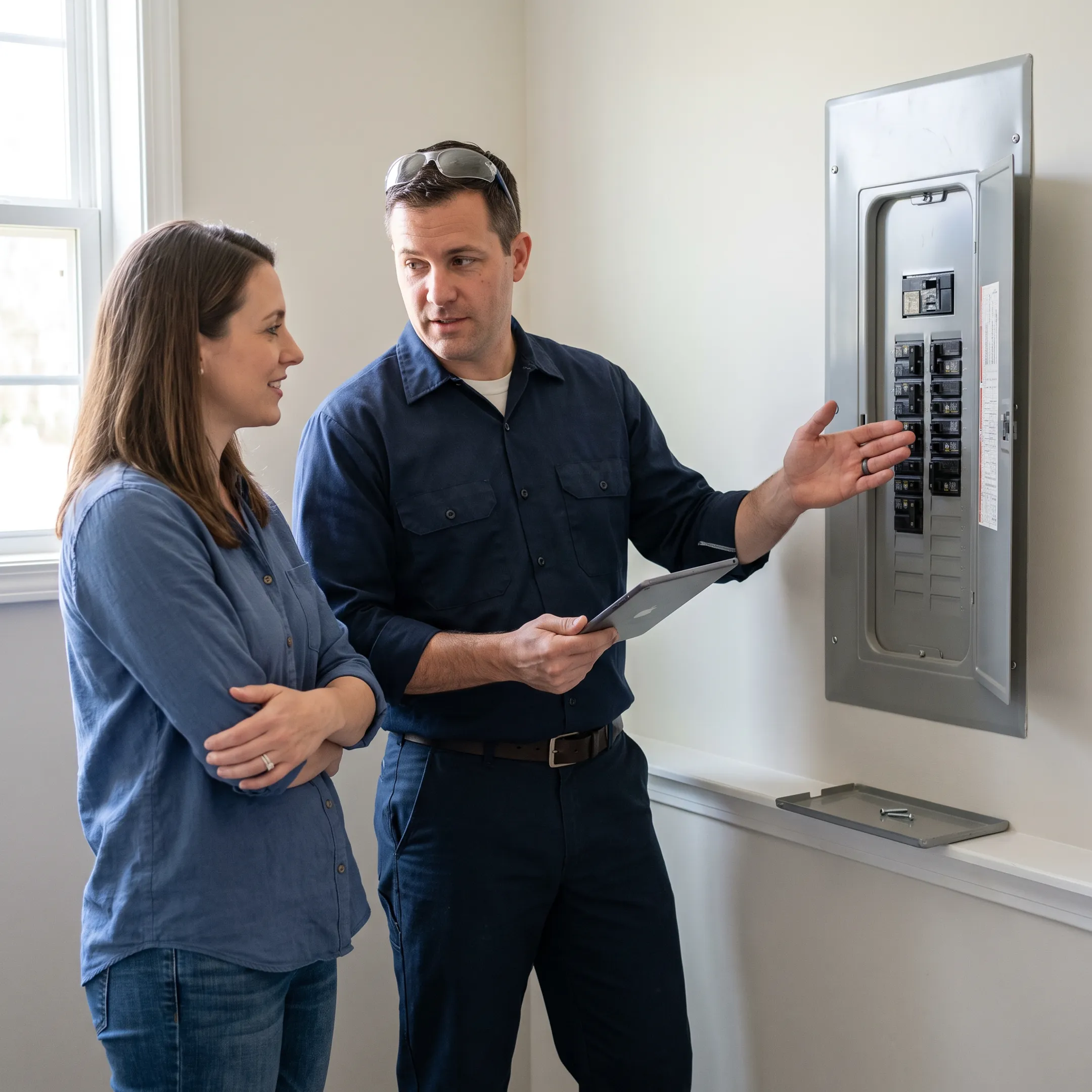 Home service technician consulting with Stow homeowner