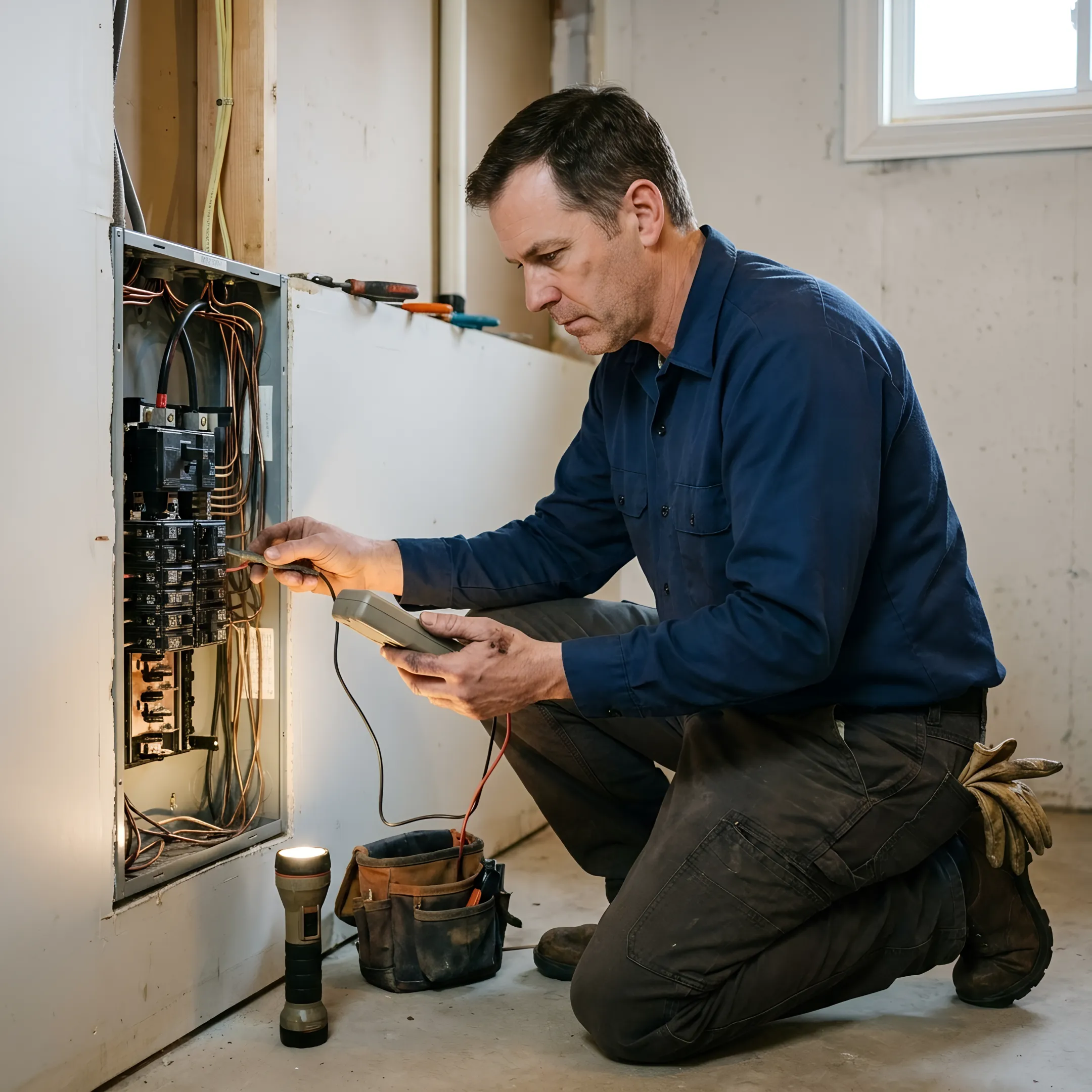 Electrician testing electrical wiring during emergency repair