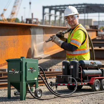 Professional mobile shot blasting equipment preparing metal surfaces on-site