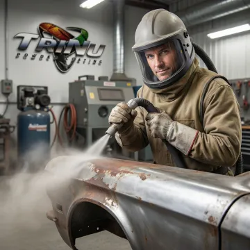 Professional automotive sandblasting service removing rust and old paint from classic car body in Tampa Bay workshop