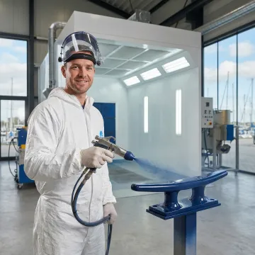 Professional marine powder coating application on boat components in Tampa Bay facility