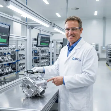 Technician inspecting powder coated automotive parts for quality