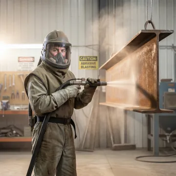 Professional sandblasting technician preparing metal surface in St. Petersburg facility