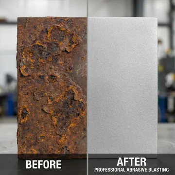 Before and after comparison of abrasive blasted metal showing rust removal and clean surface finish