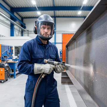 Professional abrasive blasting technician working on metal surface preparation in Tampa Bay facility