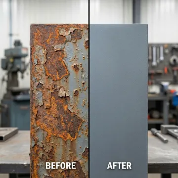 Close-up of eco-friendly blasting process on corroded metal surface showing before and after results