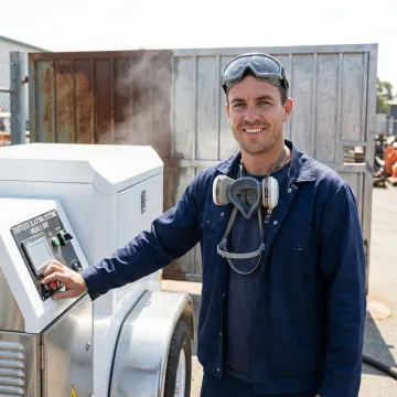 Professional mobile dustless sandblasting equipment in action on metal surface