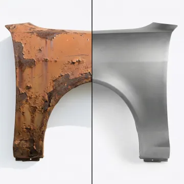 Before and after automotive media blasting comparison