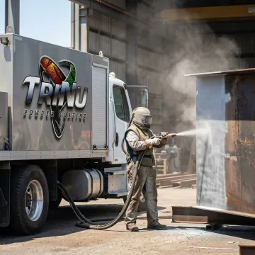 Professional mobile shot blasting equipment working on industrial metal surface preparation