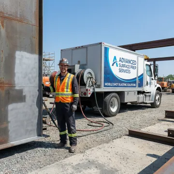 Mobile shot blasting equipment preparing industrial metal components on-site