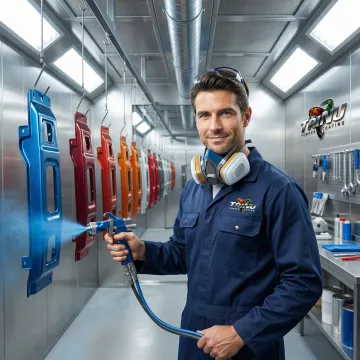 Professional powder coating application on metal component in Florida facility