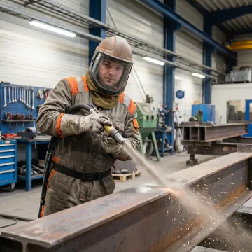 Professional sandblasting technician working on metal surface preparation in Clearwater facility
