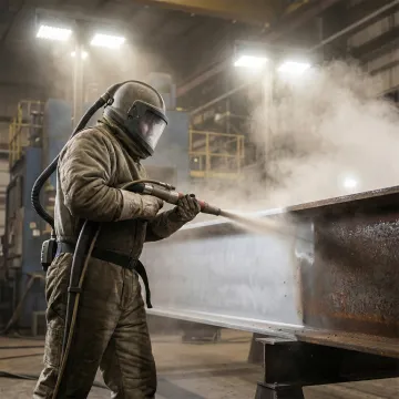 Professional sandblasting equipment removing rust and old coatings from metal surface
