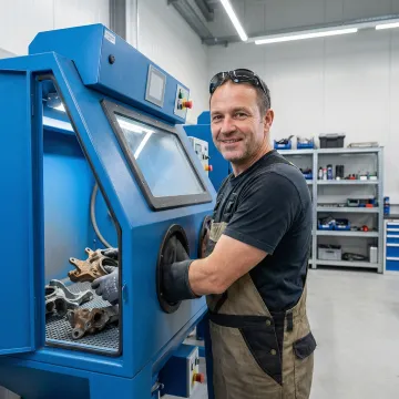 Professional abrasive blasting equipment preparing metal surface in Tampa Bay facility