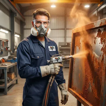 Professional sandblasting technician removing rust from metal surface in Tampa Bay workshop
