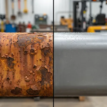 Close-up of heavy equipment surface being cleaned with dustless blasting technology