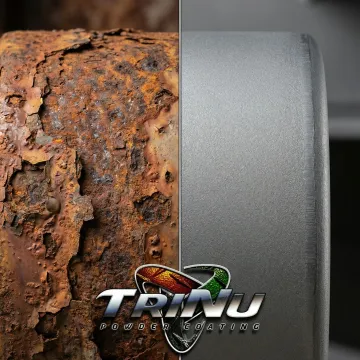 Before and after comparison of sandblasted metal showing rust removal results