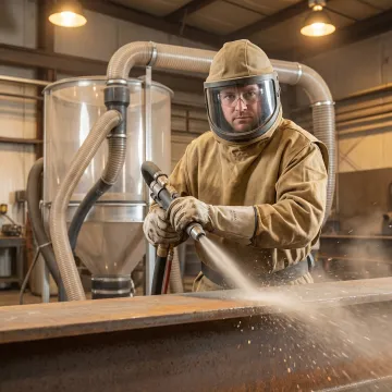 Professional sandblasting technician working on metal surface in New Port Richey facility