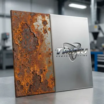 Before and after comparison of industrial rust removal on commercial metal components