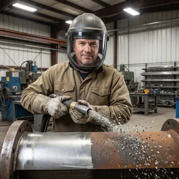 Professional grit blasting operation on industrial metal surface in Tampa Bay facility